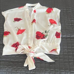 Zara Ivory Blouse with Scarlet Floral Accents